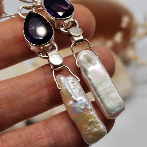 Natural Amethyst Natural Irregular Pearls Stones Silver 925 Earrings - Picture 4 of 10